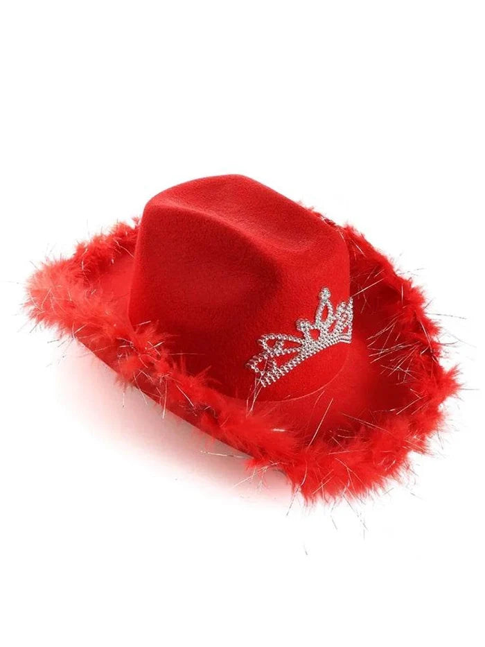 Ladies Tiara Cowgirl Hat with with Fluff Trim Marabou Trim - thefancydress.co.uk
