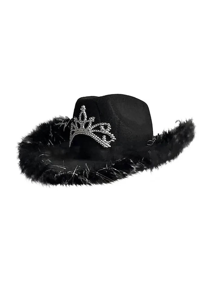 Ladies Tiara Cowgirl Hat with with Fluff Trim Marabou Trim - thefancydress.co.uk