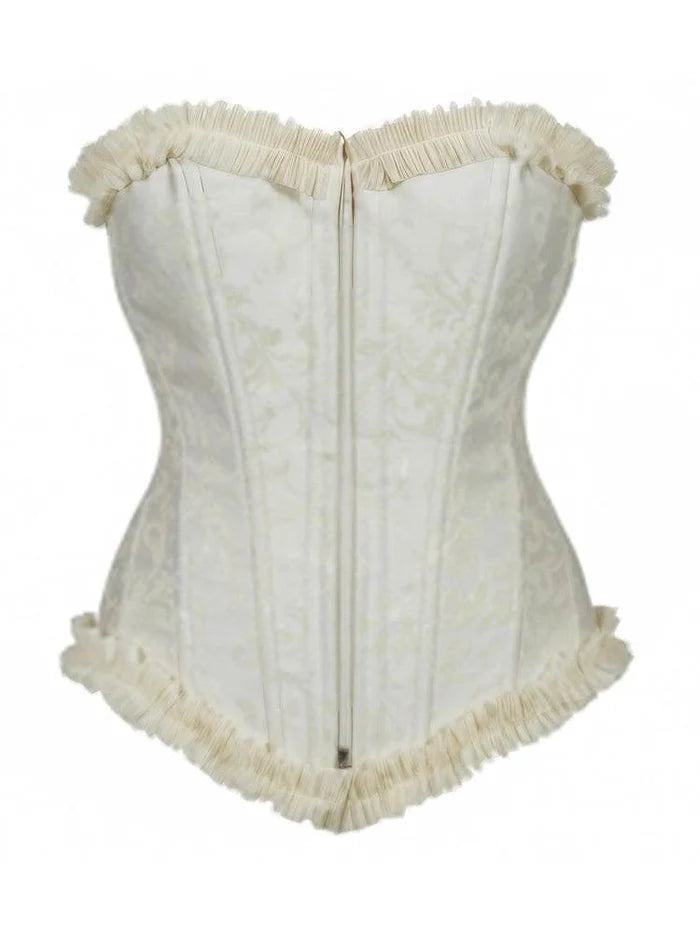 Ladies White Brocade Corset Top with Zip and Frill - thefancydress.co.uk