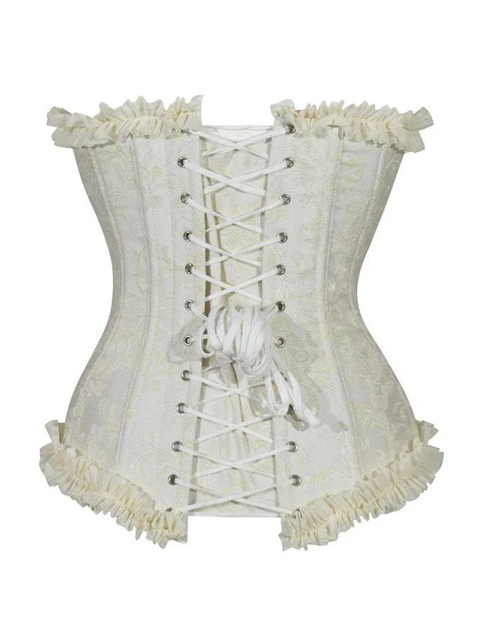 Ladies White Brocade Corset Top with Zip and Frill - thefancydress.co.uk