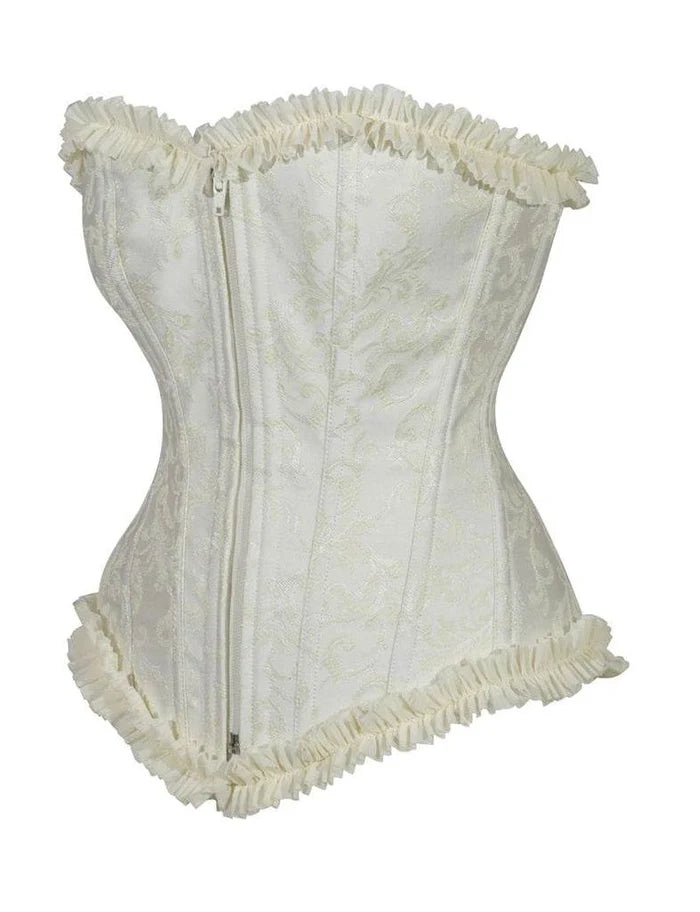 Ladies White Brocade Corset Top with Zip and Frill - thefancydress.co.uk
