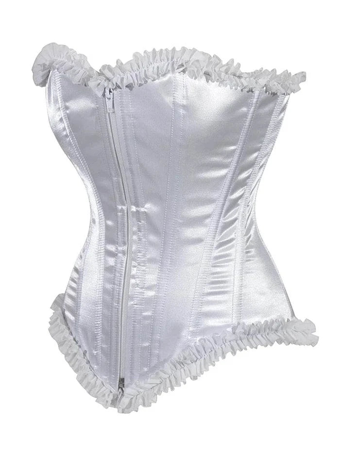 Ladies White Satin Corset Top With Zip And Frill - thefancydress.co.uk