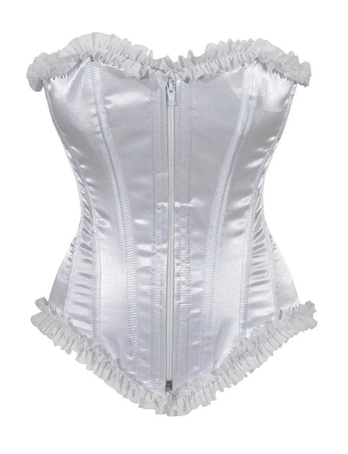 Ladies White Satin Corset Top With Zip And Frill - thefancydress.co.uk
