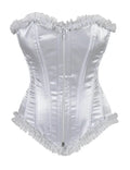 Ladies White Satin Corset Top With Zip And Frill - thefancydress.co.uk