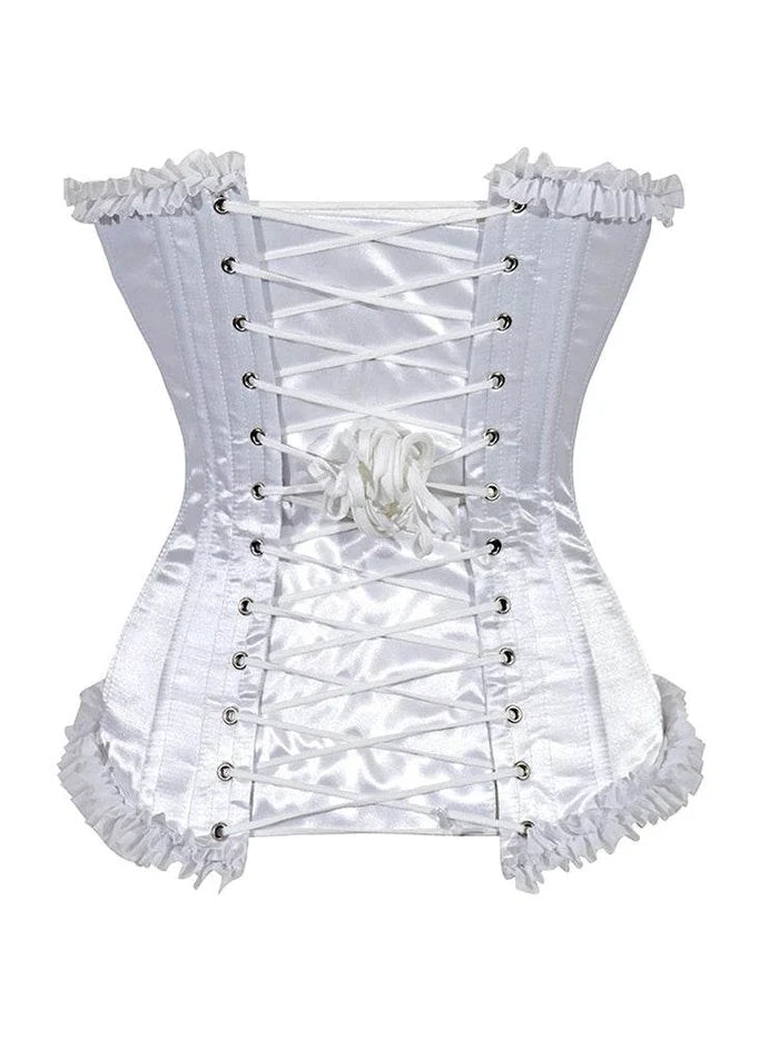 Ladies White Satin Corset Top With Zip And Frill - thefancydress.co.uk
