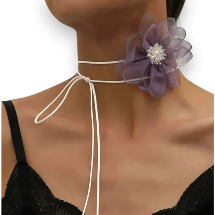 Large Colorful Flower Choker Necklace with oversized lace bloom and adjustable rope in tassel or crystal style