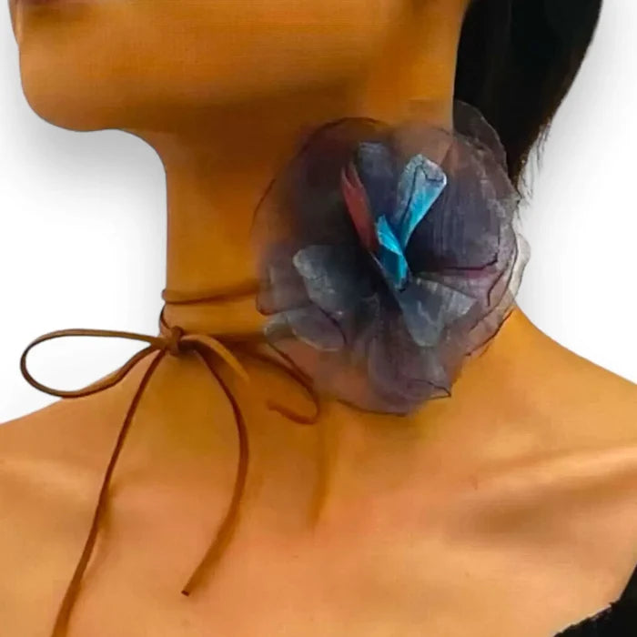 Large Colorful Flower Choker Necklace with oversized lace bloom and adjustable rope in tassel or crystal style