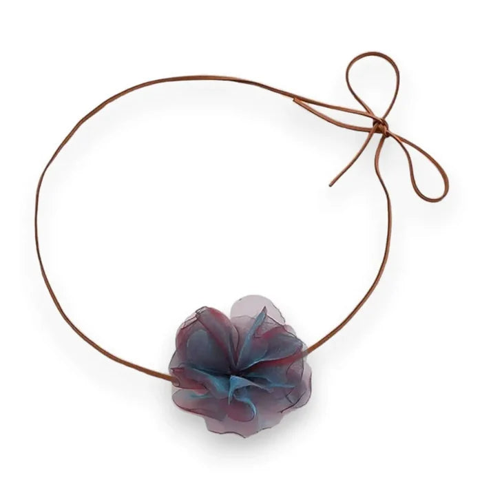 Large Colorful Flower Choker Necklace with oversized lace bloom and adjustable rope in tassel or crystal style