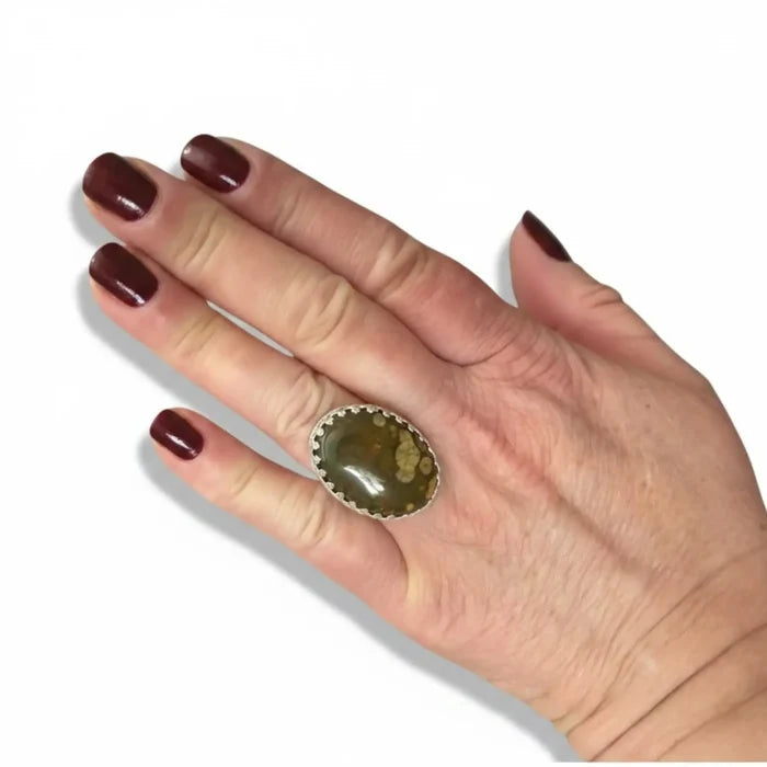 Large Fossil Jasper sterling silver ring with green-yellow cabochon, crown bezel and floral textured band 8.75