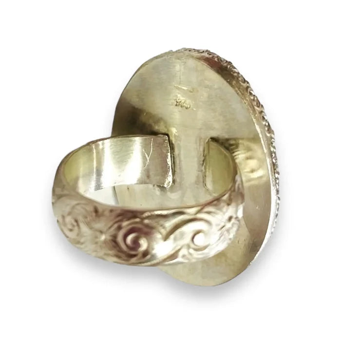 Large Fossil Jasper sterling silver ring with green-yellow cabochon, crown bezel and floral textured band 8.75