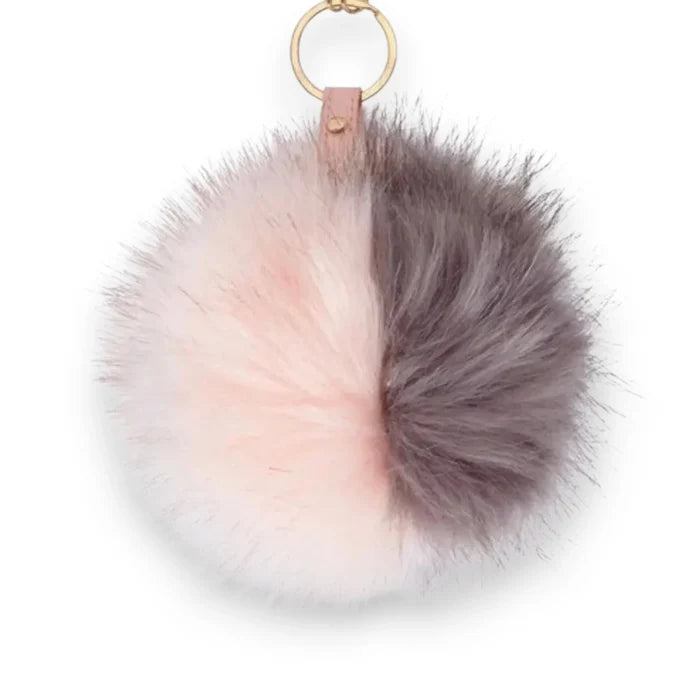 Large Furry Two-Tone Pom Pom Handbag Charm with pink gray faux fur and gold clasp one size