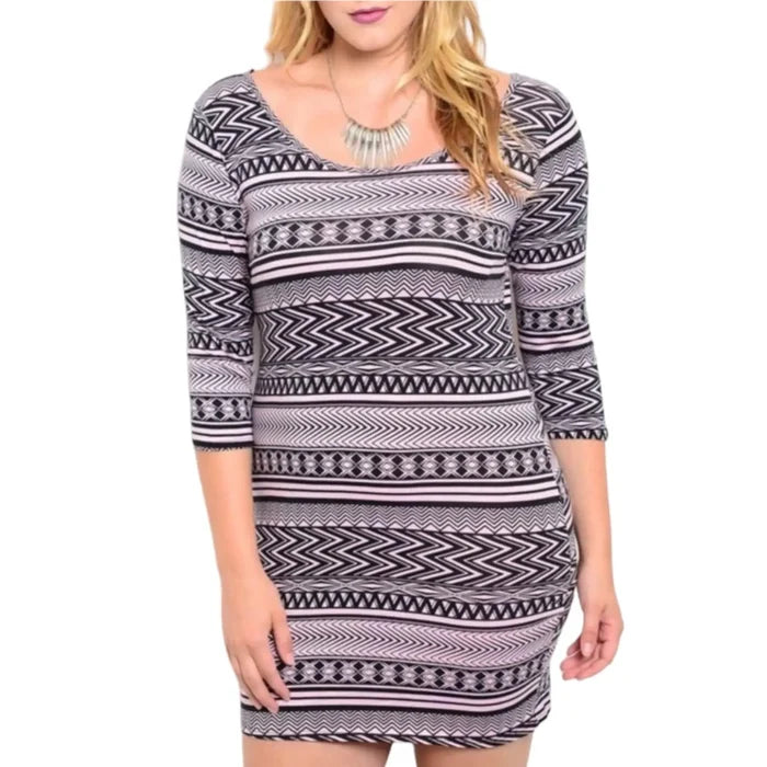 lavender black tribal print bodycon mini dress front view