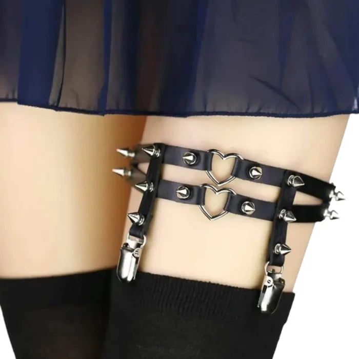 women’s black Leather Double Heart Thigh Harness Garter with silver spikes and garter clips / one per order / adjustable size