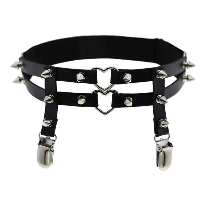 women’s black Leather Double Heart Thigh Harness Garter with silver spikes and garter clips / one per order / adjustable size