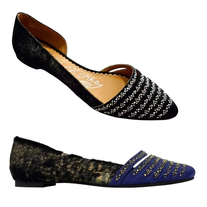 leather fur sparkling open side pointed toe flats with rhinestone toe cap in black or navy blue d’orsay slip on