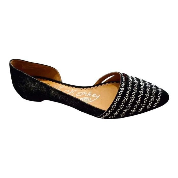 leather fur sparkling open side pointed toe flats with rhinestone toe cap in black or navy blue d’orsay slip on