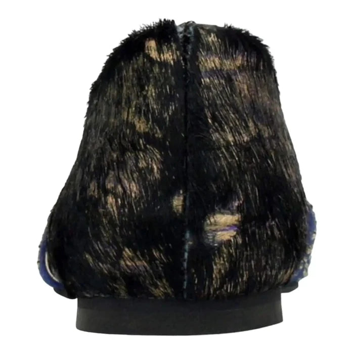leather fur sparkling open side pointed toe flats with rhinestone toe cap in black or navy blue d’orsay slip on