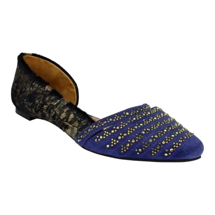 leather fur sparkling open side pointed toe flats with rhinestone toe cap navy blue d’orsay slip on