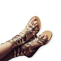 Leather Gold Ankle Straps Gladiator Sandals with tall buckle straps and open toe / women's / size 7
