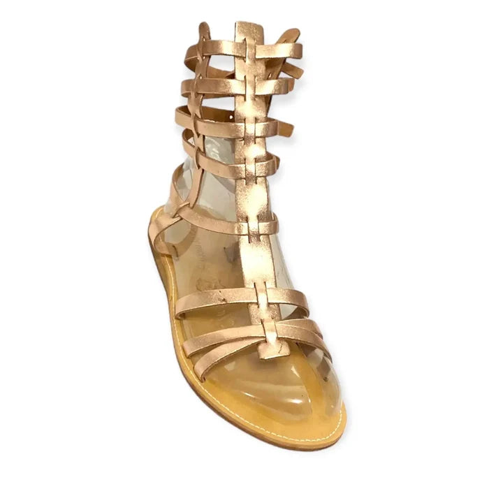 Leather Gold Ankle Straps Gladiator Sandals with tall buckle straps and open toe / women's / size 7