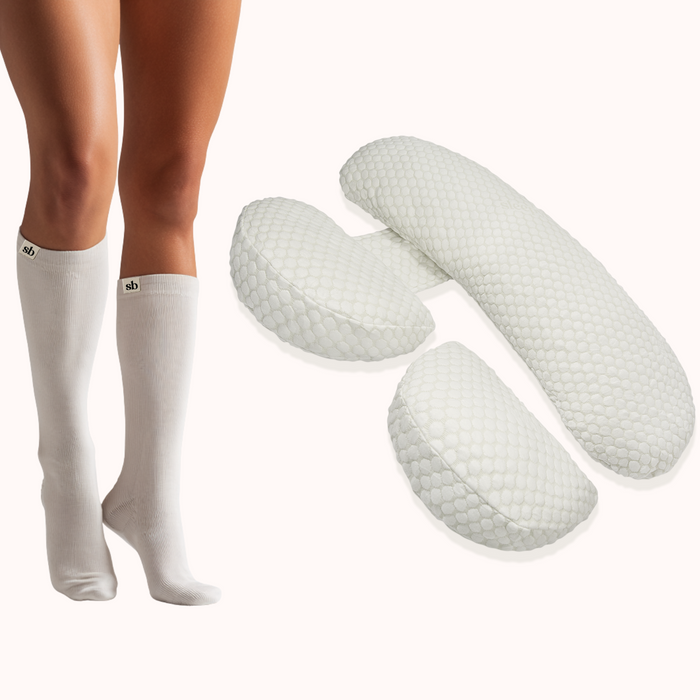 Light Legs Sleep Bundle: white maternity compression socks with the three-piece Sleepybelly Pregnancy Pillow