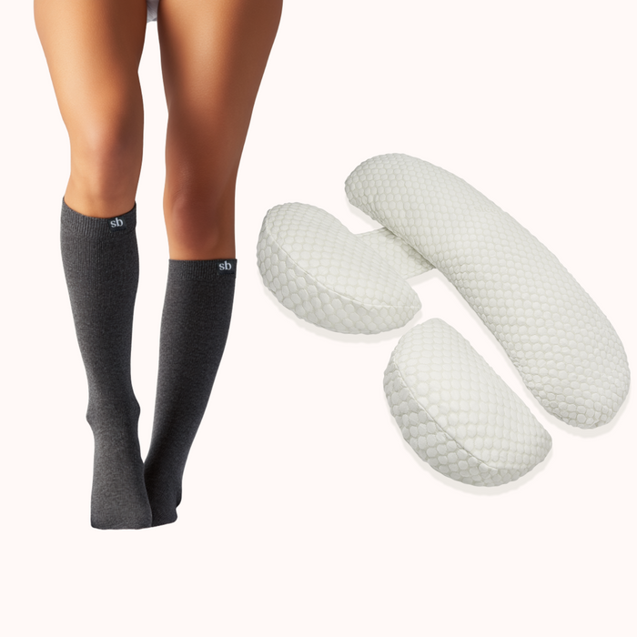 Light Legs Sleep Bundle pairing charcoal maternity compression socks with the three-piece pregnancy pillow