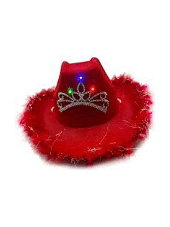 Light Up Tiara Red Cowboy Hat with Fluff Trim - thefancydress.co.uk