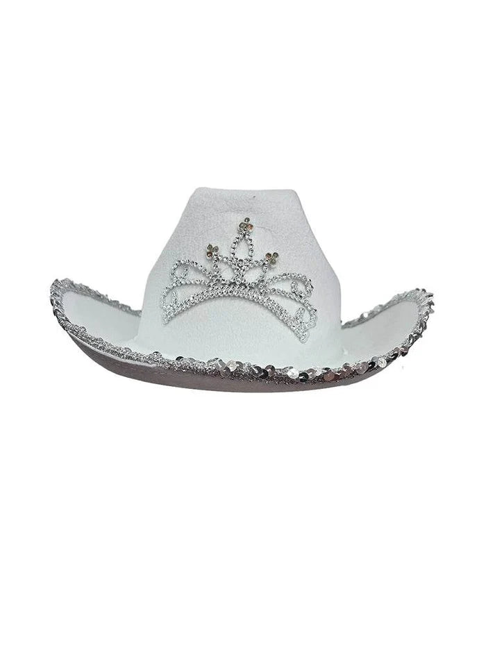 Light Up Tiara White Cowboy Hat with Sequin Trim - thefancydress.co.uk