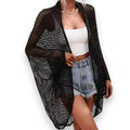 Lightweight crochet open front cardigan with hollow-out knit, batwing sleeves, and relaxed fit in black or beige — boho Y2K layering piece.