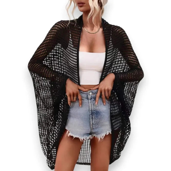 Lightweight crochet open front cardigan with hollow-out knit, batwing sleeves, and relaxed fit in black or beige — boho Y2K layering piece.