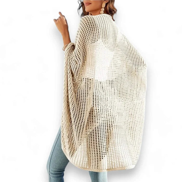 Lightweight crochet open front cardigan with hollow-out knit, batwing sleeves, and relaxed fit in black or beige — boho Y2K layering piece.