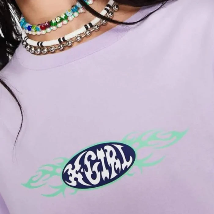 Lilac Long Sleeve Neon Graphic T-Shirt with green tribal flame print and relaxed streetwear fit