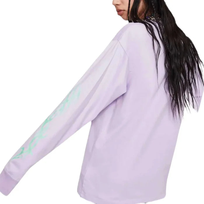 Lilac Long Sleeve Neon Graphic T-Shirt with green tribal flame print and relaxed streetwear fit