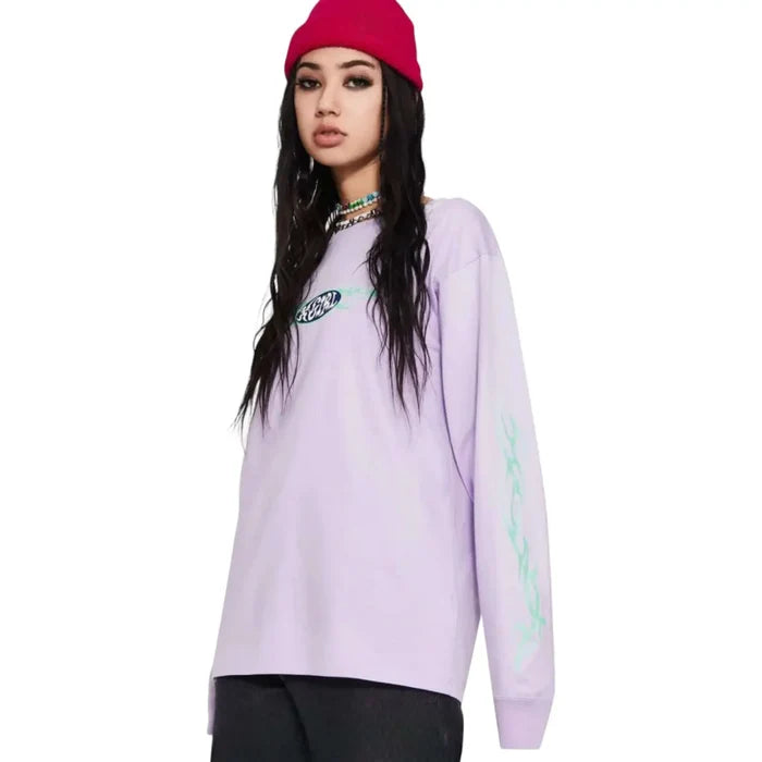 Lilac Long Sleeve Neon Graphic T-Shirt with green tribal flame print and relaxed streetwear fit