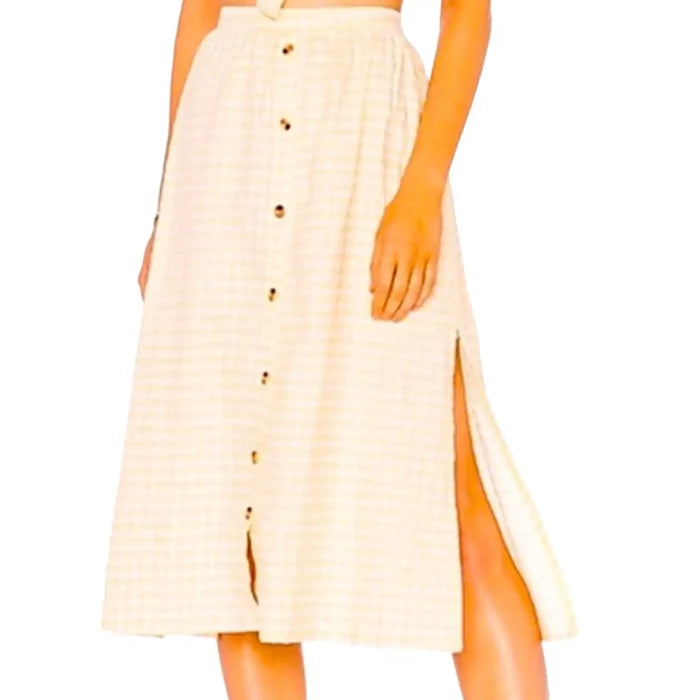 Women's Faithfull Brand Linen Gingham Midi Skirt in White and Yellow - Medium