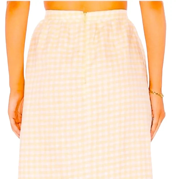 Women's Faithfull Brand Linen Gingham Midi Skirt in White and Yellow - Medium