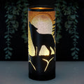 lisa parker wolf song metal aroma lamp lit in home setting showing wolf moon design