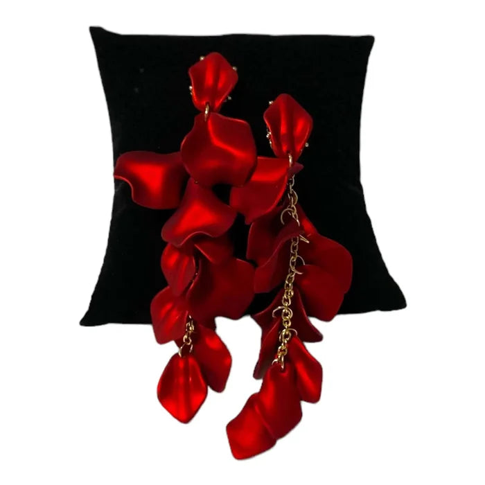 Womens Long Acrylic Flower Petal Earrings / Red /  4.75 long
