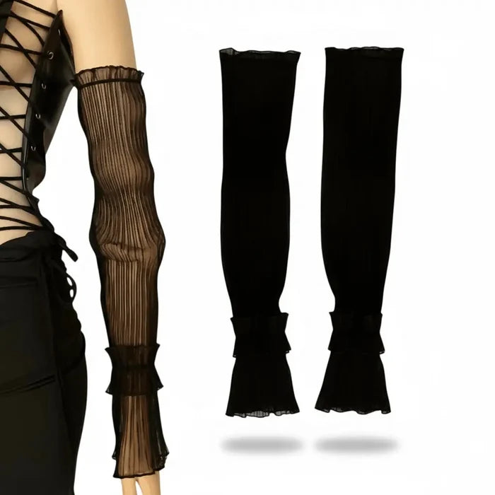 Long Arm Cover Ruffle Cuff Sleeves in sheer black fabric with ruffled cuffs and pleated texture, styled on a mannequin.