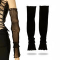Long Arm Cover Ruffle Cuff Sleeves in sheer black fabric with ruffled cuffs and pleated texture, styled on a mannequin.