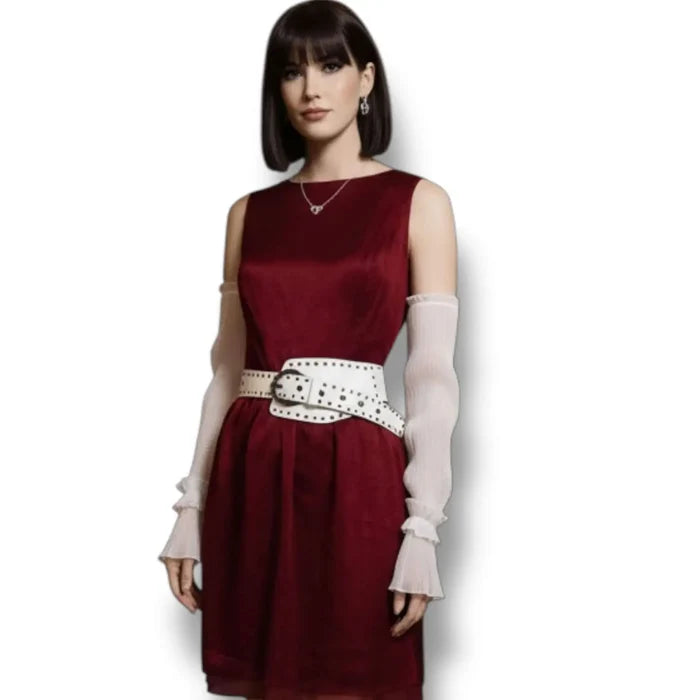 Model wearing a burgundy dress with Long Arm Cover Ruffle Cuff Sleeves, showcasing elegant style and added texture.