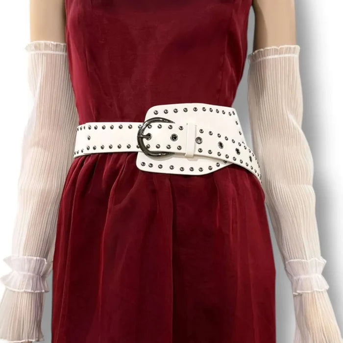 Women's long pleated mesh arm covers in black or white with ruffled elastic and detachable opera sleeve styling