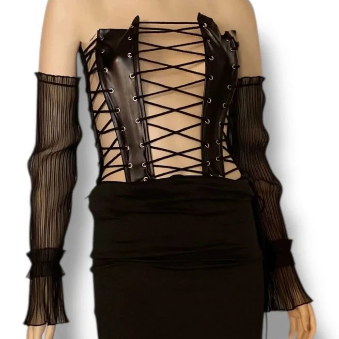 Long Arm Cover Ruffle Cuff Sleeves displayed on a mannequin with pleated mesh design and ruffled cuffs.