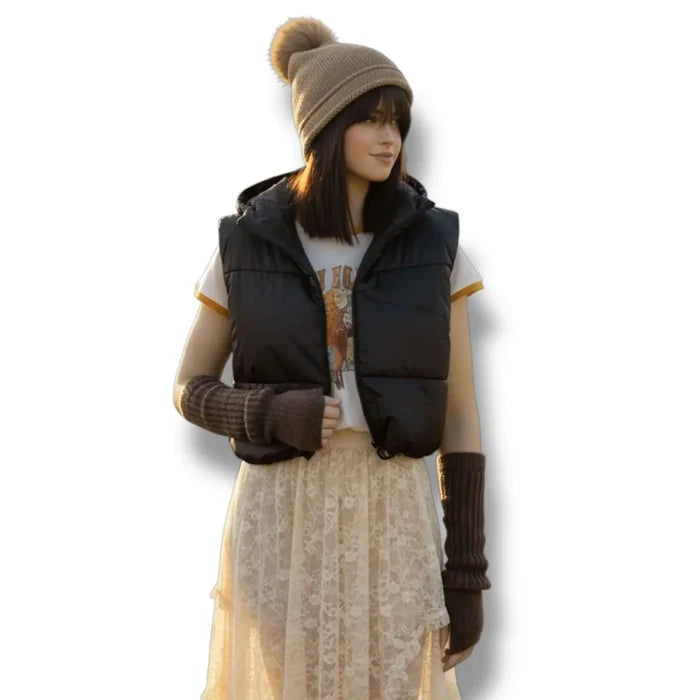 Long fuzzy rib knit arm warmers fingerless gloves with thumb holes in brown or dark gray worn scrunched or elbow length for cozy winter styling