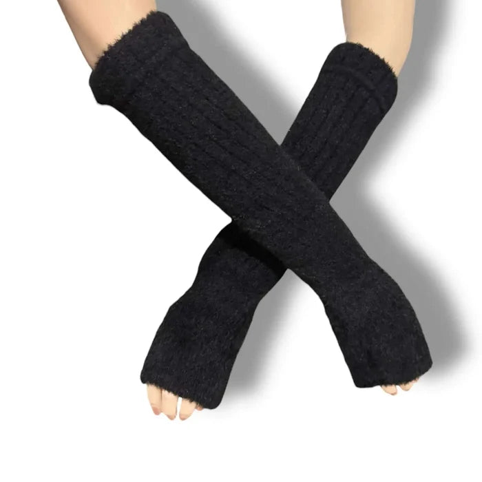 Long Fuzzy Rib Knit Arm Warmers - Black / Adults / Female - Fingerless Gloves