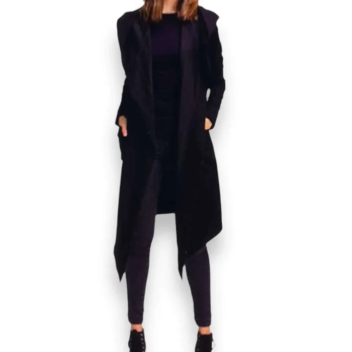 Long hooded cloak cardigan jacket with oversized hood, open front longline silhouette, fleece lining and front drop pockets in black or dark green, unisex sizes 2XL and 3XL