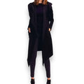 Long hooded cloak cardigan jacket with oversized hood, open front longline silhouette, fleece lining and front drop pockets in black or dark green, unisex sizes 2XL and 3XL