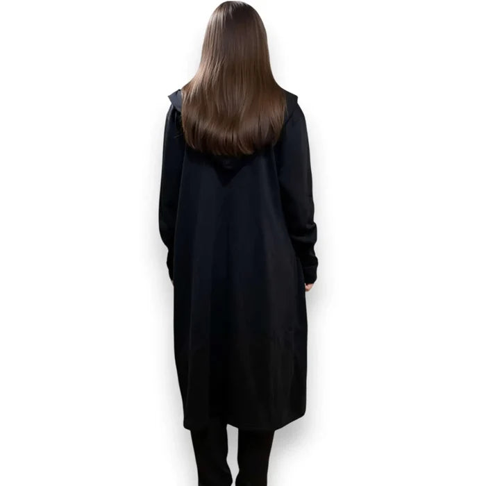 Long hooded cloak cardigan jacket with oversized hood, open front longline silhouette, fleece lining and front drop pockets in black or dark green, unisex sizes 2XL and 3XL