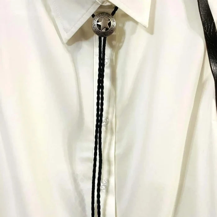 long lone star bolo tie with engraved antique star pendant on black braided faux leather rope western unisex necktie