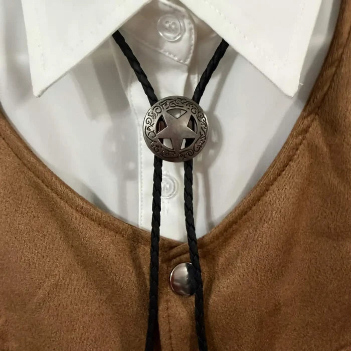 long lone star bolo tie with engraved antique star pendant on black braided faux leather rope western unisex necktie